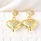 Textured Heart Brass Micro Pave Clear Cubic Zirconia Dangle Stud Earrings, Cadmium Free & Lead Free, Long-Lasting Plated, Rack Plating, Real 18K Gold Plated, 30.5x20mm