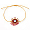 Waxed Cord Braided Bracelets, Glass Eye Bead Bracelets for Women, with Golden Brass Round Beads, Red, Inner Diameter: 11 inch(28cm)