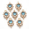 Transparent Glass Links Connectors, Nickel Free, with Golden Tone Brass Findings and Clear Rhinestone, Faceted, Flower, Dodger Blue, 16x11x5mm, Hole: 1.2mm