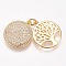 Brass Micro Pave Cubic Zirconia Pendants, Flat Round with Tree of Life, Clear, Golden, 15x2mm, Hole: 3mm