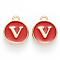 Golden Plated Alloy Enamel Charms, Cadmium Free & Lead Free, Enamelled Sequins, Flat Round with Letter, Red, Letter.V, 14x12x2mm, Hole: 1.5mm