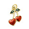 Brass Enamel Pendants, Cadmium Free & Nickel Free & Lead Free, with Jump Rings, Heart Cherry Charms, Real 18K Gold Plated, FireBrick, 17x12x2.5mm, Hole: 3.2mm