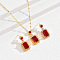 Brass Micro Pave Cubic Zirconia Jewelry Sets for Women, Dangle Stud Earring & Pendant Necklaces, Rectangle, Real 18K Gold Plated, Red, 15-3/4 inch(40cm) & 30x13mm