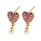 Rack Plating Brass Micro Pave Cubic Zirconia Stud Earring, Cadmium Free & Lead Free, Long-Lasting Plated, with ABS Imitation Pearl, Hot Pink, Real 18K Gold Plated, 12x9mm
