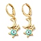 Real 18K Gold Plated Brass Dangle Leverback Earrings, with Enamel and Cubic Zirconia, Moon & Star with Evil Eye, Dark Turquoise, 32x11mm