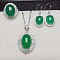 925 Sterling Silver Micro Pave Clear Cubic Zirconia with Natural Chalcedony Pendant Necklaces & Dangle Earrings & Rings Sets, Platinum, Oval, Green, 400mm