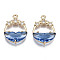 Faceted Transparent Glass Pendants, with Brass Crystal Rhinestone Findings, Flat Round with Star, Light Gold, Royal Blue, 21x15x5mm, Hole: 1.4mm