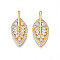 Brass Micro Pave Cubic Zirconia Pendants, Nickel Free, Real 18K Gold Plated, Leaf, Clear, 26.5x11.5x3mm, Hole: 2.5x4.5mm