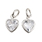 Brass with Cubic Zirconia Pendants, Heart Charms, with Jump Ring, Rack Plating, Long-Lasting Plated, Lead Free & Cadmium Free, Platinum, 9x7x3.5mm, Hole: 3.5mm