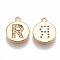 Brass Cubic Zirconia Charms, Flat Round with Letter, Real 18K Gold Plated, Clear, Letter.R, 12x10x2mm, Hole: 1mm