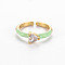 Brass Enamel Cuff Rings, Open Rings, Solitaire Rings, with Clear Cubic Zirconia, Nickel Free, Heart, Golden, Honeydew, US Size 7(17.3mm)