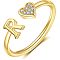 Adjustable Brass Rhinestone Cuff Rings, Letter & Heart, Golden, Letter R, Inner Diameter: 15~20mm