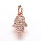 Brass Micro Pave Cubic Zirconia Charms Pendants, Hamsa Hand/Hand of Fatima, Rose Gold, 12.5x8x2mm, Hole: 3mm