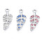 Alloy Pendants, with Rhinestone, Cadmium Free & Nickel Free & Lead Free, Leaf, Platinum, Mixed Color, 21x8.5x2mm, Hole: 1.6mm