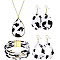 Cow Print Imitation Leather Teardrop Pendant Necklace & Dangle Earrings & Multi-Strand Bracelet, Golden Alloy Jewelry Set for Women, Black, 850mm, 78x37mm, 80x39mm, 192mm In Diameter