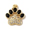 Brass Micro Pave Clear Cubic Zirconia & Enamel Pendants, Cat Paw Print, with Jump Ring, Cadmium Free & Lead Free, Rack Plating, Long-Lasting Plated, Real 18K Gold Plated, Black, 16x14x2mm, Hole: 3.5mm
