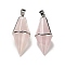 Natural Rose Quartz Pointed Pendants, Faceted Bicone Bullet Charms with Rack Plating Platinum Plated Brass Findings, Cadmium Free & Lead Free, 42.5~43x17~18mm, Hole: 4x5.5mm
