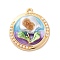Alloy Enamel Pendants, with ABS Imitation Pearl and Glitter Powder, Cadmium Free & Nickel Free & Lead Free, Rack Plating, Flat Round with Flower Charm, Golden, Sky Blue, 27.5x24.5x5mm, Hole: 1.8mm