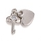 Cubic Zirconia Pendants, with Rack Plating Brass Findings, with Jump Rings, Long-Lasting Plated, Lead Free & Cadmium Free, Key & Heart, Platinum, 15mm, Jump Ring: 4.6x0.8mm, 3mm Inner Diameter, Key: 12.5x7x2mm, Heart: 8x8x1mm