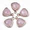 Natural Rose Quartz Charms, with Light Gold Plated Brass Edge and Loop, Triangle, Faceted, 14x11x4mm, Hole: 1.5mm