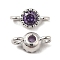 Brass Pave Purple Glass Connector Charms, Cadmium Free & Nickel Free & Lead Free, Single Stone Flat Round Links, Platinum, 8x4x3mm, Hole: 1.2mm