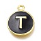 Brass Enamel Pendants, Long-Lasting Plated, Black, Golden, Flat Round, Letter.T, 16.5x13x2mm, Hole: 1.5mm