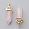 Natural Rose Quartz Double Terminated Pointed Pendants, with Random Alloy Pendant Hexagon Bead Cap Bails, Golden, Bullet, 37~40x12.5x10mm, Hole: 3x4.5mm