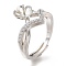 Adjustable Brass Finger Ring Components, with Micro Pave Cubic Zirconia, For Half Drilled Beads, Long-Lasting Plated, Flower, Clear, Platinum, US Size 7, Inner Diameter: 17.3mm, Tray: 9mm