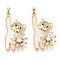 Brass Micro Pave Clear Cubic Zirconia Pendants, Cadmium Free & Nickel Free & Lead Free, with White Shell, Bear with Flower Charms, Real 18K Gold Plated, 33x19x6.5mm, Hole: 2.5x4.5mm
