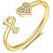 Adjustable Brass Rhinestone Cuff Rings, Letter & Heart, Golden, Letter P, Inner Diameter: 15~20mm