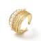 Clear Cubic Zirconia Multi Line Open Cuff Ring with Plastic Pearl Beaded, Brass Jewelry for Women, Cadmium Free & Lead Free, Real 18K Gold Plated, Inner Diameter: 18mm