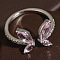 Butterfly Brass Micro Pave Cubic Zirconia Cuff Rings, Platinum, Pearl Pink, 11mm, Inner Diameter: 17~19mm