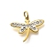 304 Stainless Steel Rhinestone Pendants, Dradonfly Charm, Ion Plating(IP), Real 18K Gold Plated, 11x15x1.5mm, Hole: 3mm