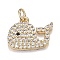 Brass Micro Clear & Black Cubic Zirconia Charms, Long-Lasting Plated, Whale Shape, Real 18K Gold Plated, 10x13x2mm, Hole: 2.8mm