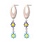 Oval with Flower Enamel Long Dangle Stud Earrings, Stainless Steel Color Plated 304 Stainless Steel Jewelry for Women, Dark Blue, 44x9.5mm, Pin: 0.8mm