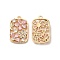 Real 18K Gold Plated Brass Pendant, with Glass, Rectangle with Flower Charms, Pink, 25.5x16x4.5mm, Hole: 1.6mm