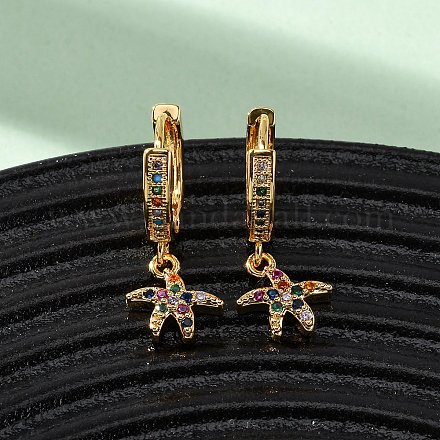 Серьги-кольца из латуни с микропаве из кубических цирконий в форме морских звезд EJEW-F384-14G-02-1