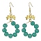 Imitation Jade Glass Beaded Ring Dangle Earrings, Golden Alloy Bowknot Long Drop Earrings, Dark Cyan, 63x32mm