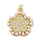 Brass Micro Pave Clear Cubic Zirconia Pendants, Cadmium Free & Lead Free, with ABS Imitation Pearl, Real 18K Gold Plated, Flower, 17x15x3mm, Hole: 1.6mm