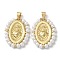 Rack Plating Brass Pendants, with Plastic Imitation Pearls, Cadmium Free & Lead Free, Oval with Heart Charm, Real 18K Gold Plated, 26x19~20x3.5mm, Hole: 3x4mm