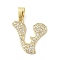 Brass Micro Pave Cubic Zirconia Pendants, Letter, Real 18K Gold Plated, Letter V, 19x18.5x2.5mm, Hole: 4.8x2.9mm