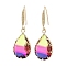 Teardrop Glass Dangle Earrigns, Light Gold Brass Earrings, Colorful, 38x13.5mm