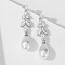 Teardrop with Leaf Brass Clear Cubic Zirconia Dangle Stud Earrings, with Plastic Imitation Pearl, Platinum, 41mm