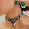 Oval Alloy Rhinestone Choker Necklace & Stud Earrings Sets for Women, Antique Silver, Emerald, 420mm