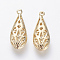 Hollow Brass Pendants, Nickel Free, Real 18K Gold Plated, teardrop, Golden, 19.5x8x3.5mm, Hole: 1.5mm