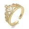 Rack Plating Brass Micro Pave Cubic Zirconia Cuff Finger Rings for Women, Cadmium Free & Lead Free, Long-Lasting Plated, Crown with Heart, Real 18K Gold Plated, 12mm, Inner Diameter: adjustable