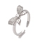 Brass Micro Pave Cubic Zirconia Open Cuff Ring, Cadmium Free & Lead Free, Bowknot, Platinum, Inner Diameter: 17mm
