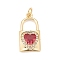 Brass Micro Pave Cubic Zirconia Pendants, Real 18K Gold Plated, Lead Free & Cadmium Free, Lock, Cerise, 20x11x5mm, Hole: 3mm