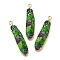 Alloy Enamel Pendants, Golden, Feather Charm, Lime Green, 38x8.5x1.5mm, Hole: 1.6mm