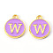 Golden Plated Alloy Enamel Charms, Enamelled Sequins, Flat Round with Letter, Medium Purple, Letter.W, 14x12x2mm, Hole: 1.5mm